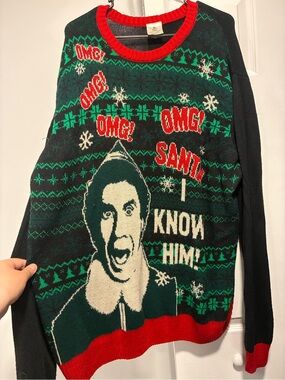 Buddy the Elf Crewneck Holiday Graphic Sweater in Green & Red